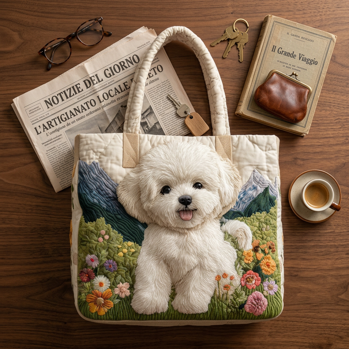 Quiltet håndtaske med hunde- og blomstermotiv