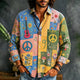 Herreskjorte med farverigt patchworkprint, guitarer, blomster og fredstegn