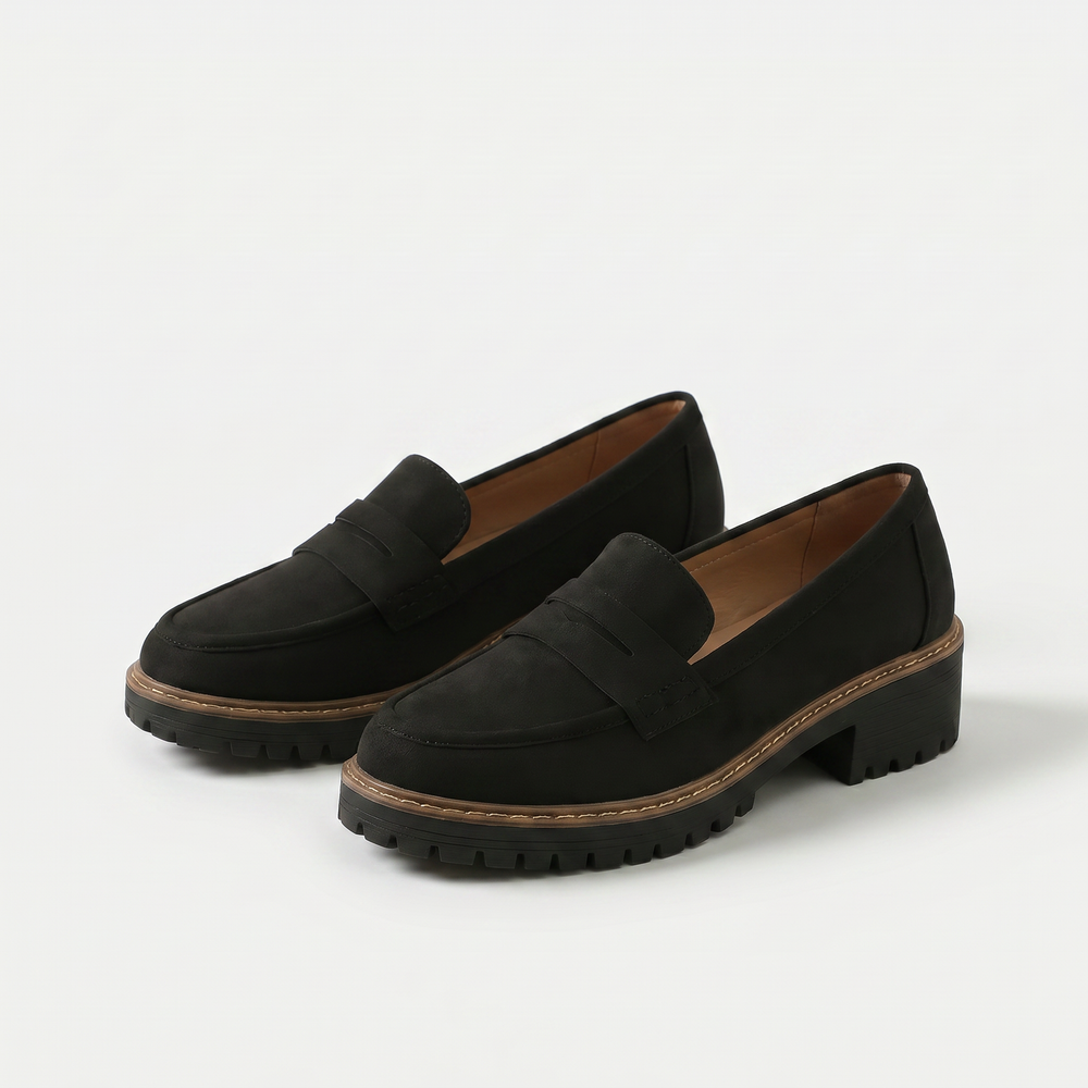 Dame loafers med pennyrem, kraftig sål og lav blokhæl