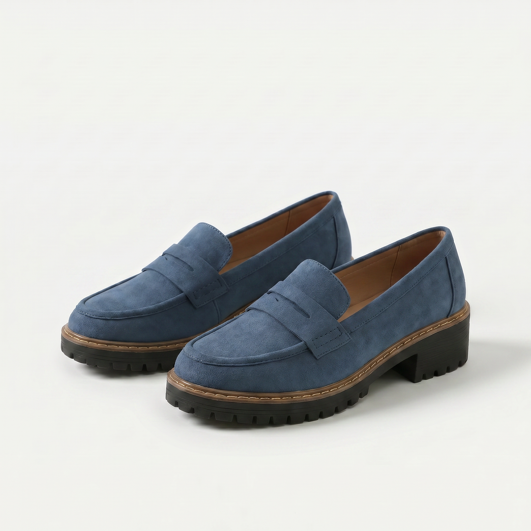 Dame loafers med pennyrem, kraftig sål og lav blokhæl