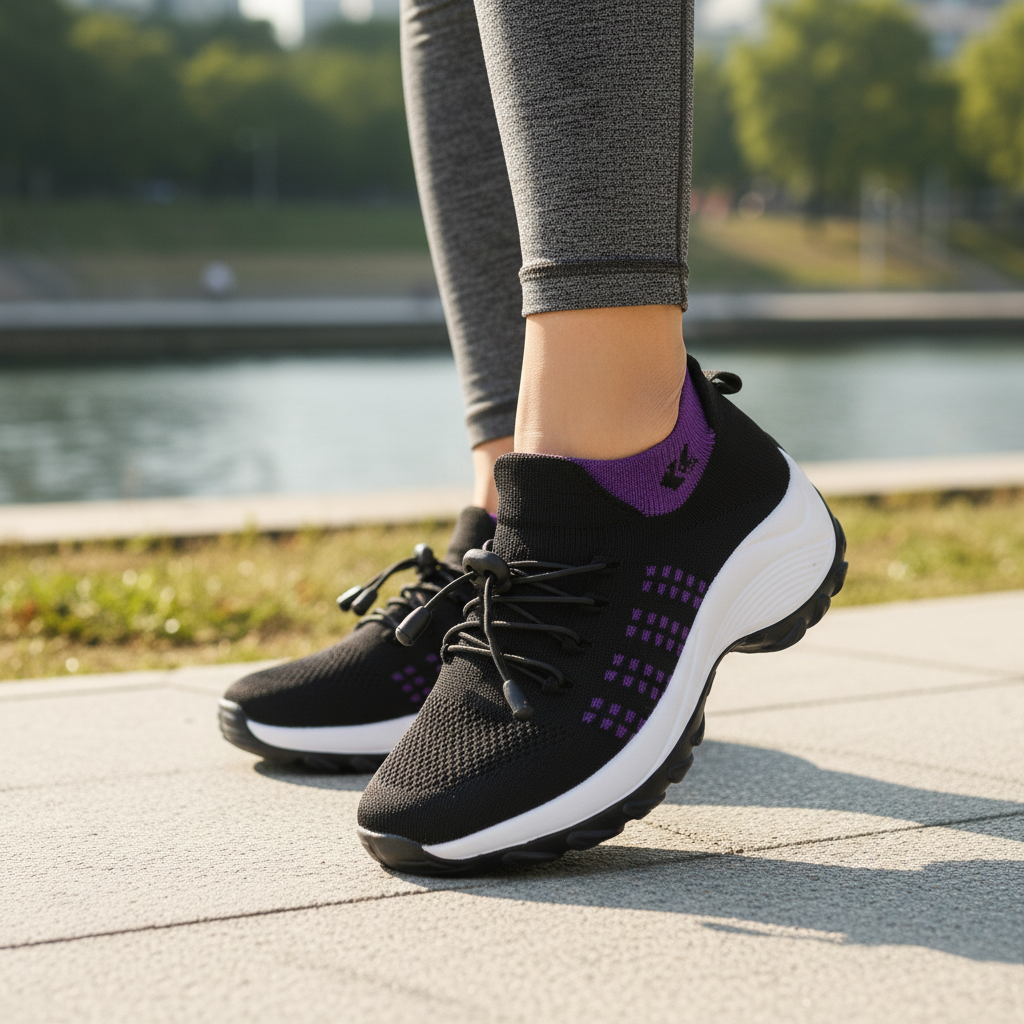 Sorte sneakers med lilla geometriske detaljer, hvid mellemsål og snørelukning