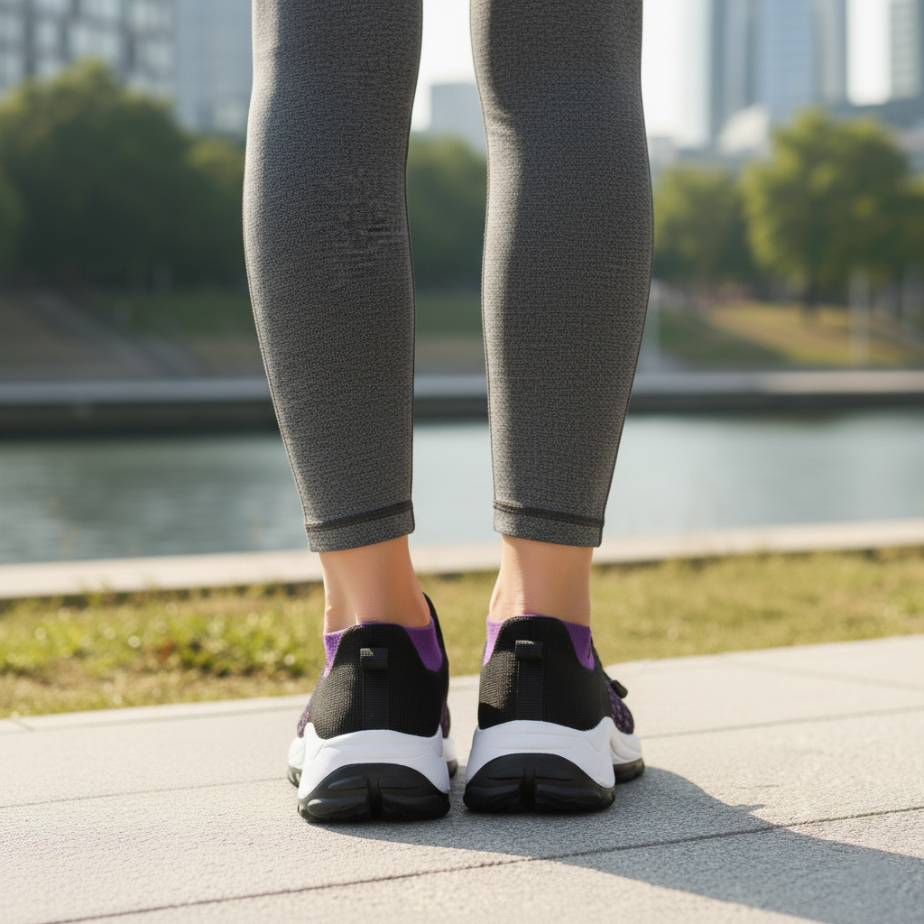 Sorte sneakers med lilla geometriske detaljer, hvid mellemsål og snørelukning