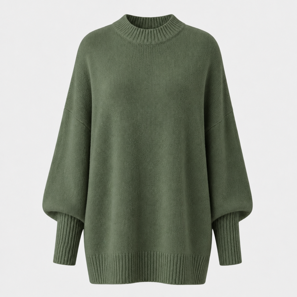 Dame oversized striktrøje med høj krave, brede lange ærmer og ribkanter