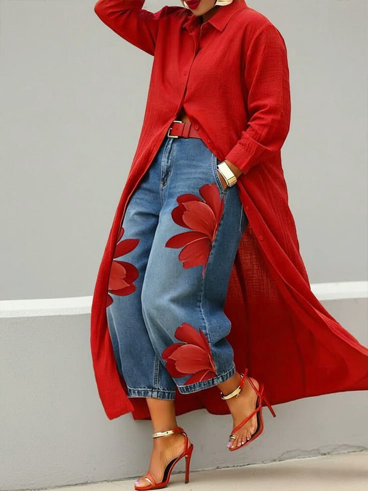 Damesæt med lang skjortekjole og vide jeans med blomster