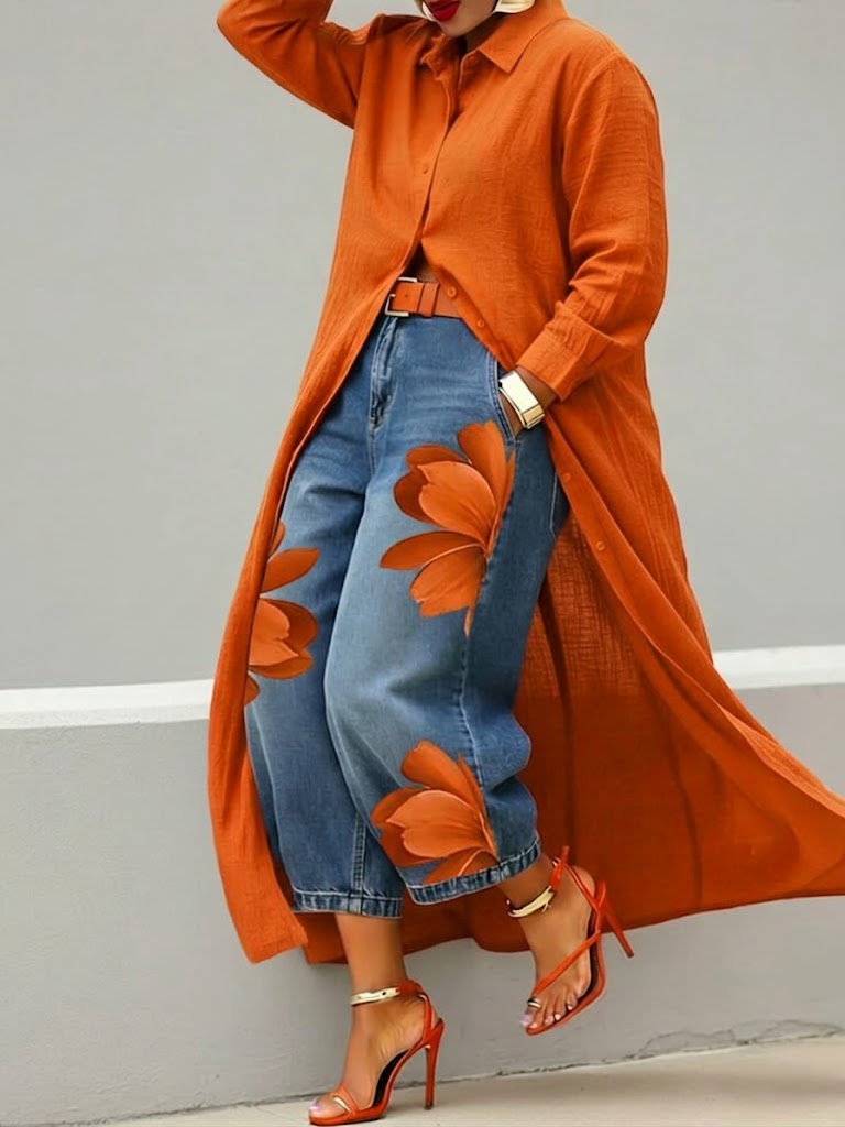 Damesæt med lang skjortekjole og vide jeans med blomster