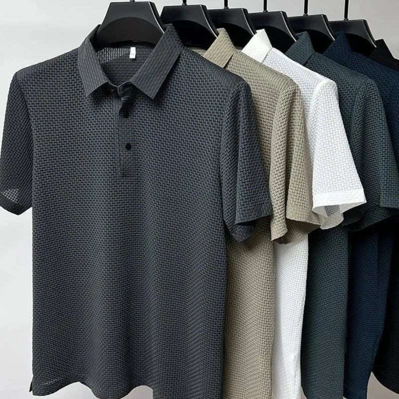 Herrepoloshirt med krave, korte ærmer og sort vaffelstruktur