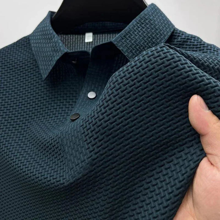 Herrepoloshirt med krave, korte ærmer og sort vaffelstruktur