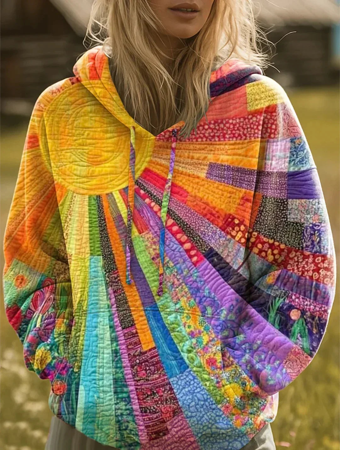 Damehættetrøje med flerfarvet quiltet patchwork, hætte og lange ærmer