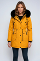 Dameparka med hætte med sort pelskant og taljesnøre