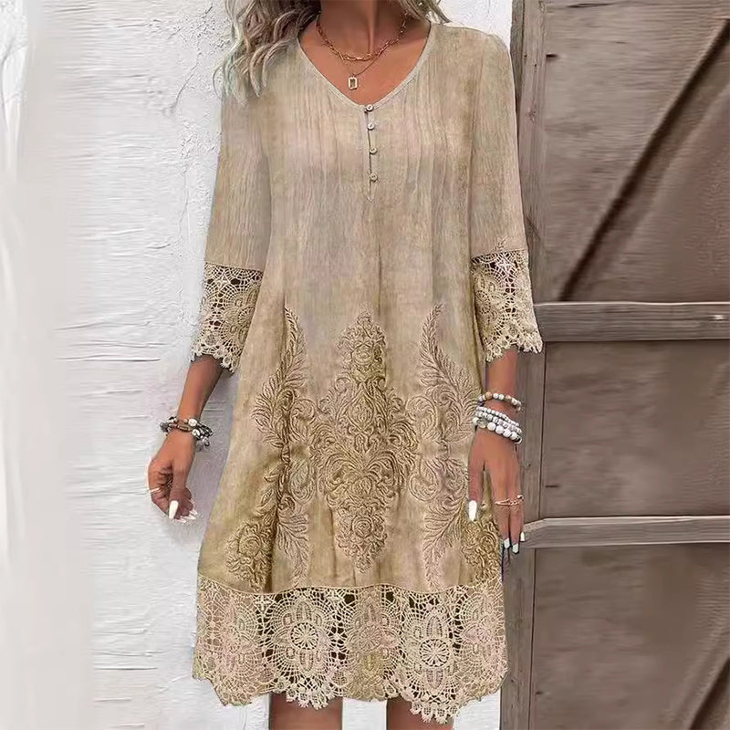 Women Vintage Lace Trim Shift Dress
