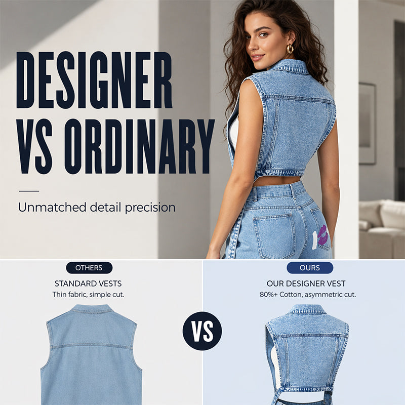 Dame lang denimvest med skjortekrave og høje sideslidser