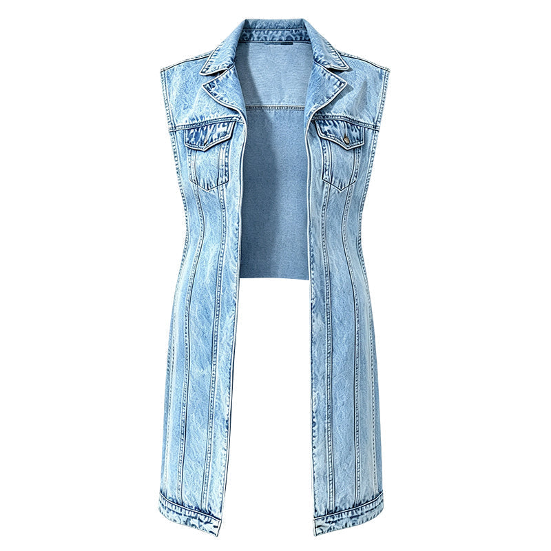 Dame lang denimvest med skjortekrave og høje sideslidser