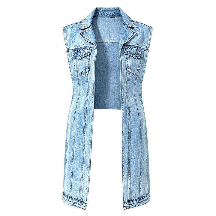 Dame lang denimvest med skjortekrave og høje sideslidser