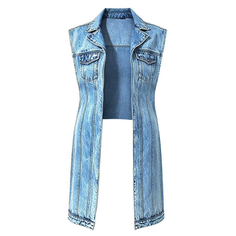 Dame lang denimvest med skjortekrave og høje sideslidser