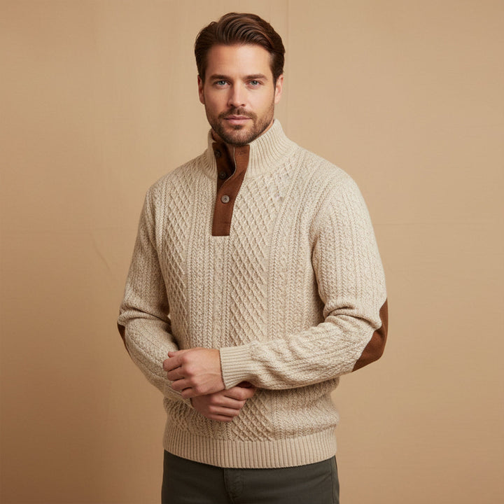 Herre striktrøje med høj krave, diamantmønster og albuelapper