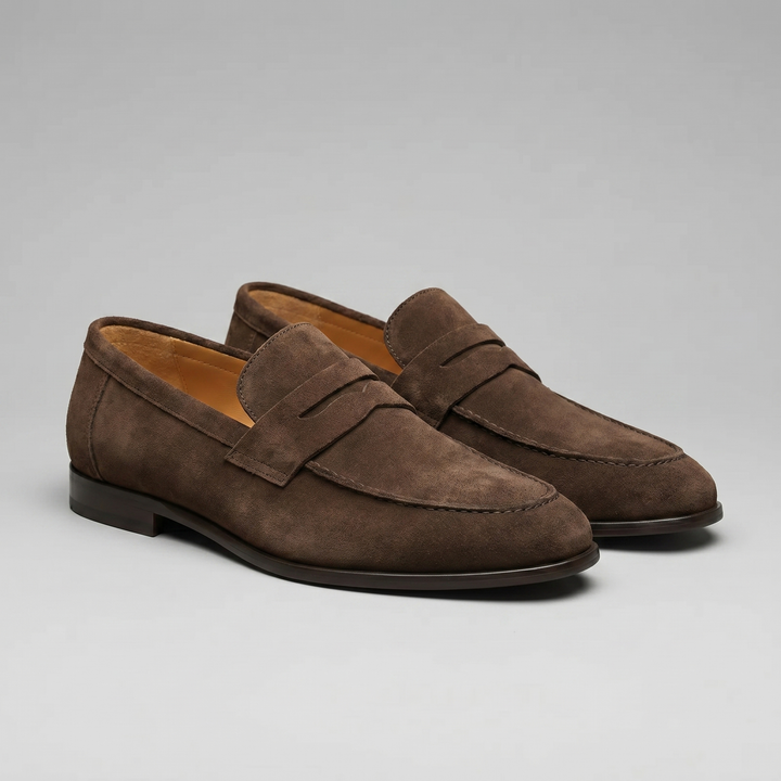 Herre penny loafers med rem, mokkasinsøm og rund tå