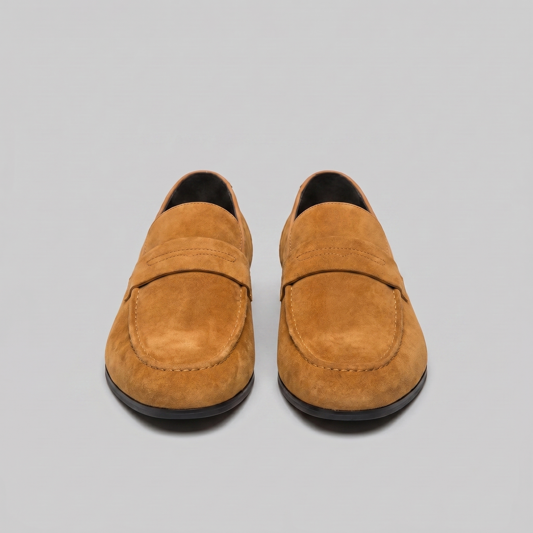 Herre penny loafers med rem, mokkasinsøm og rund tå
