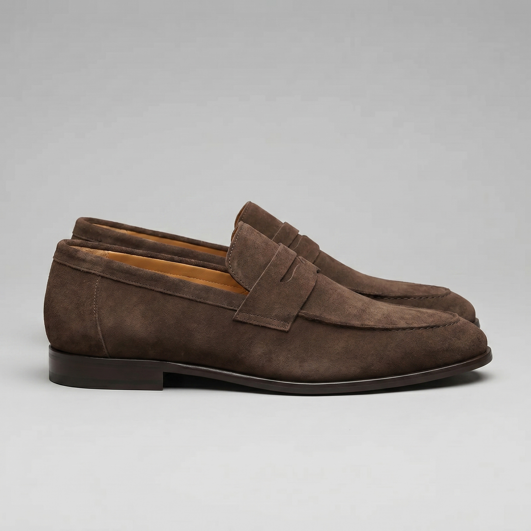 Herre penny loafers med rem, mokkasinsøm og rund tå