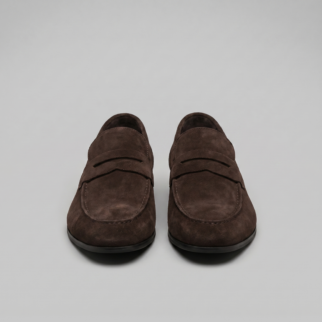 Herre penny loafers med rem, mokkasinsøm og rund tå