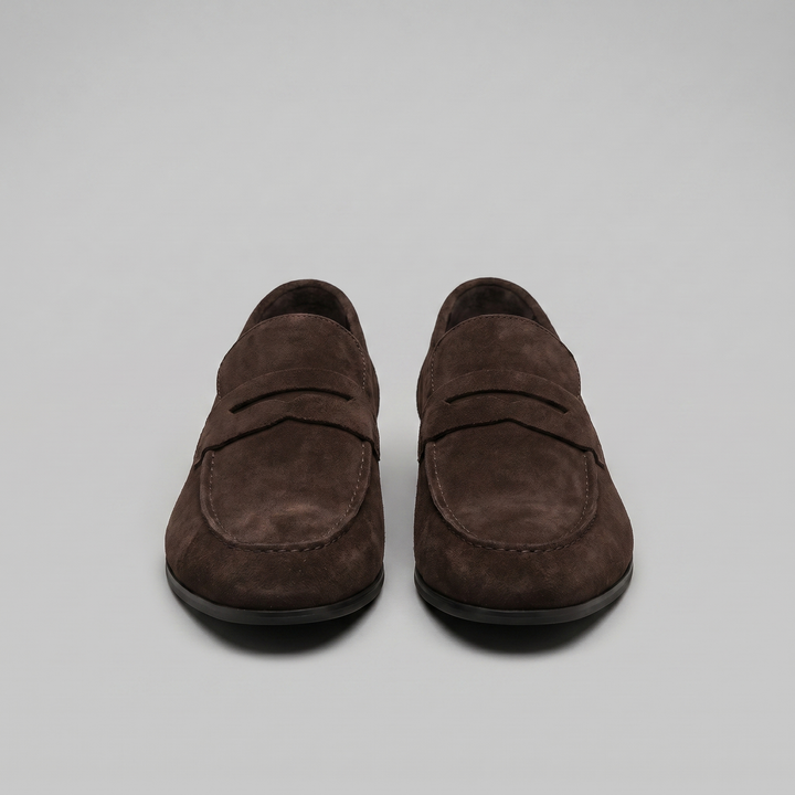 Herre penny loafers med rem, mokkasinsøm og rund tå