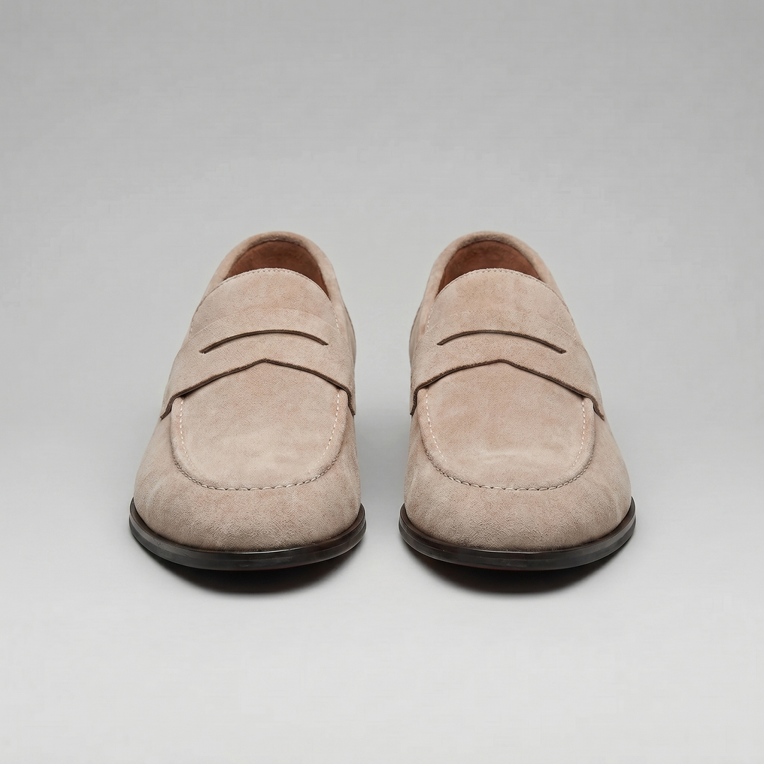 Herre penny loafers med rem, mokkasinsøm og rund tå