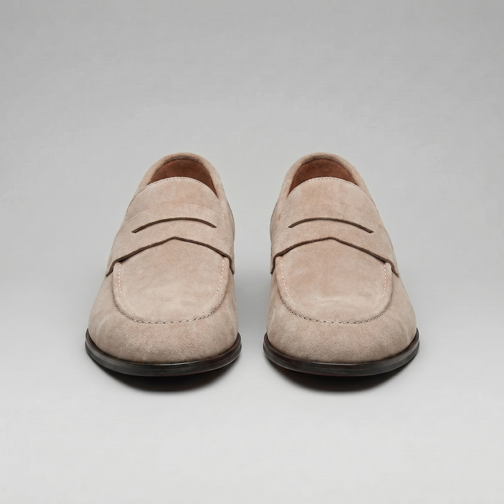 Herre penny loafers med rem, mokkasinsøm og rund tå