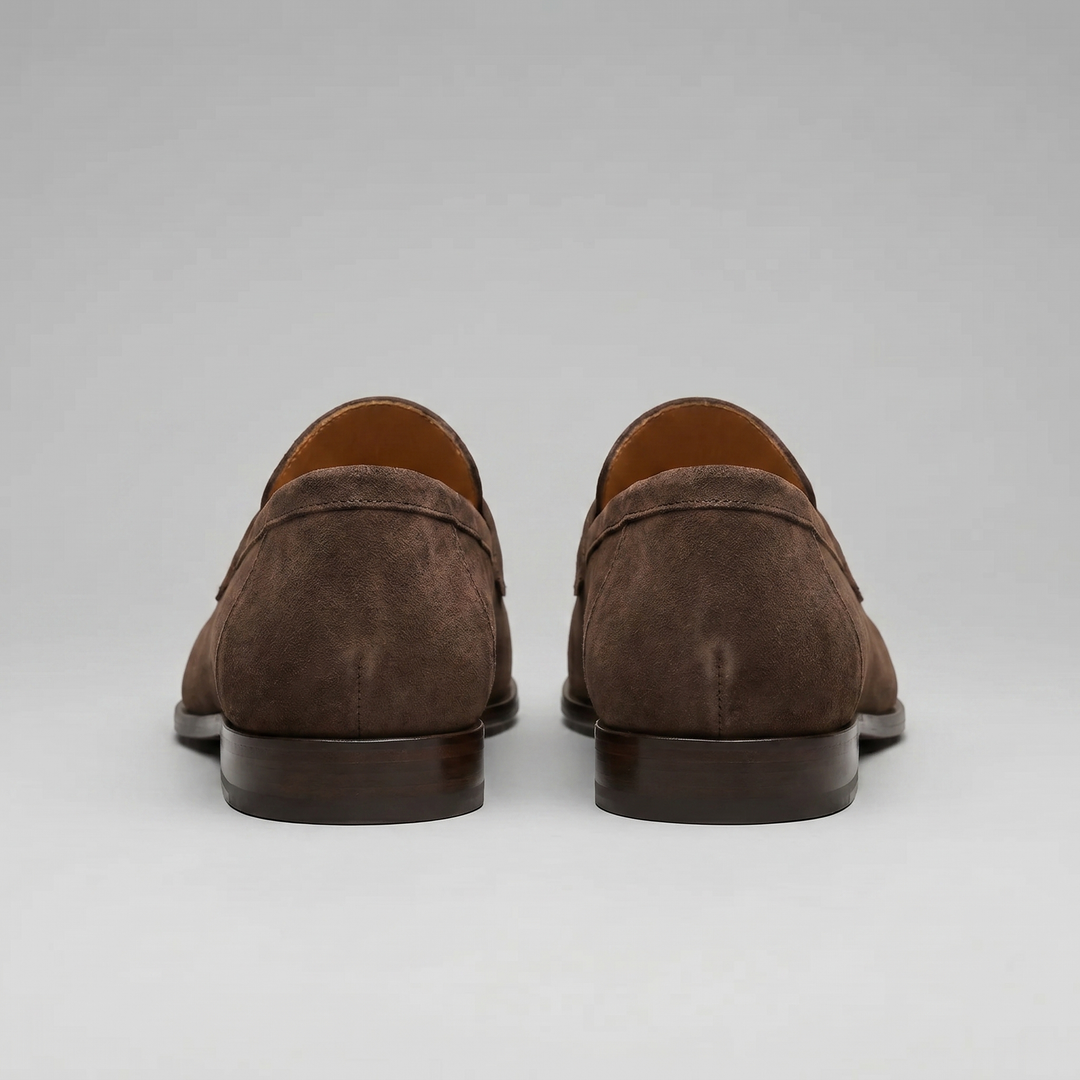 Herre penny loafers med rem, mokkasinsøm og rund tå