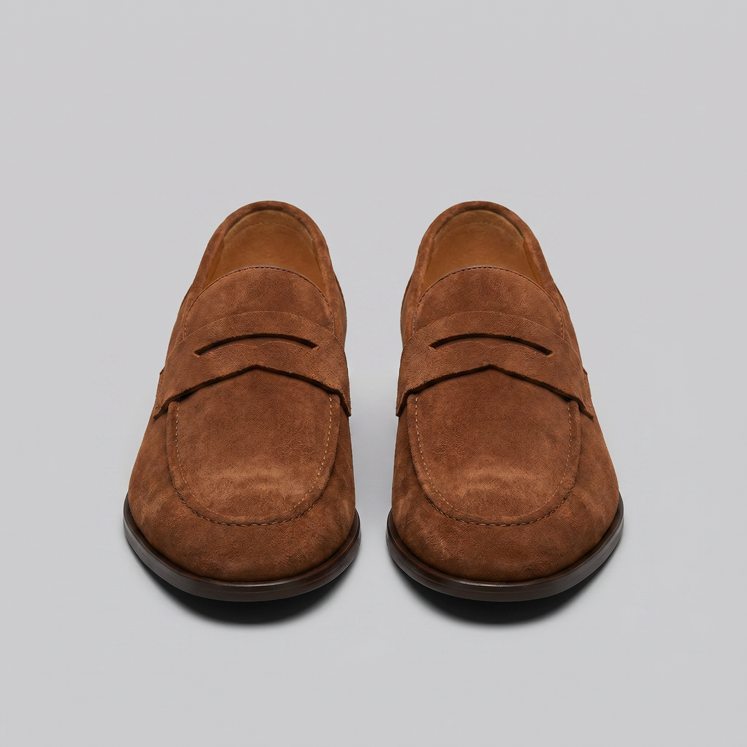 Herre penny loafers med rem, mokkasinsøm og rund tå