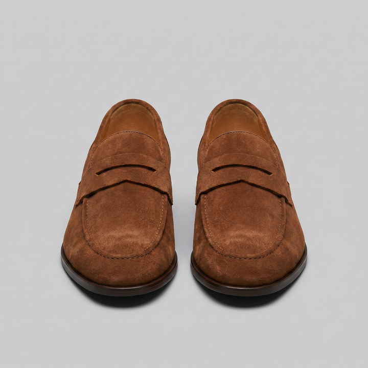 Herre penny loafers med rem, mokkasinsøm og rund tå