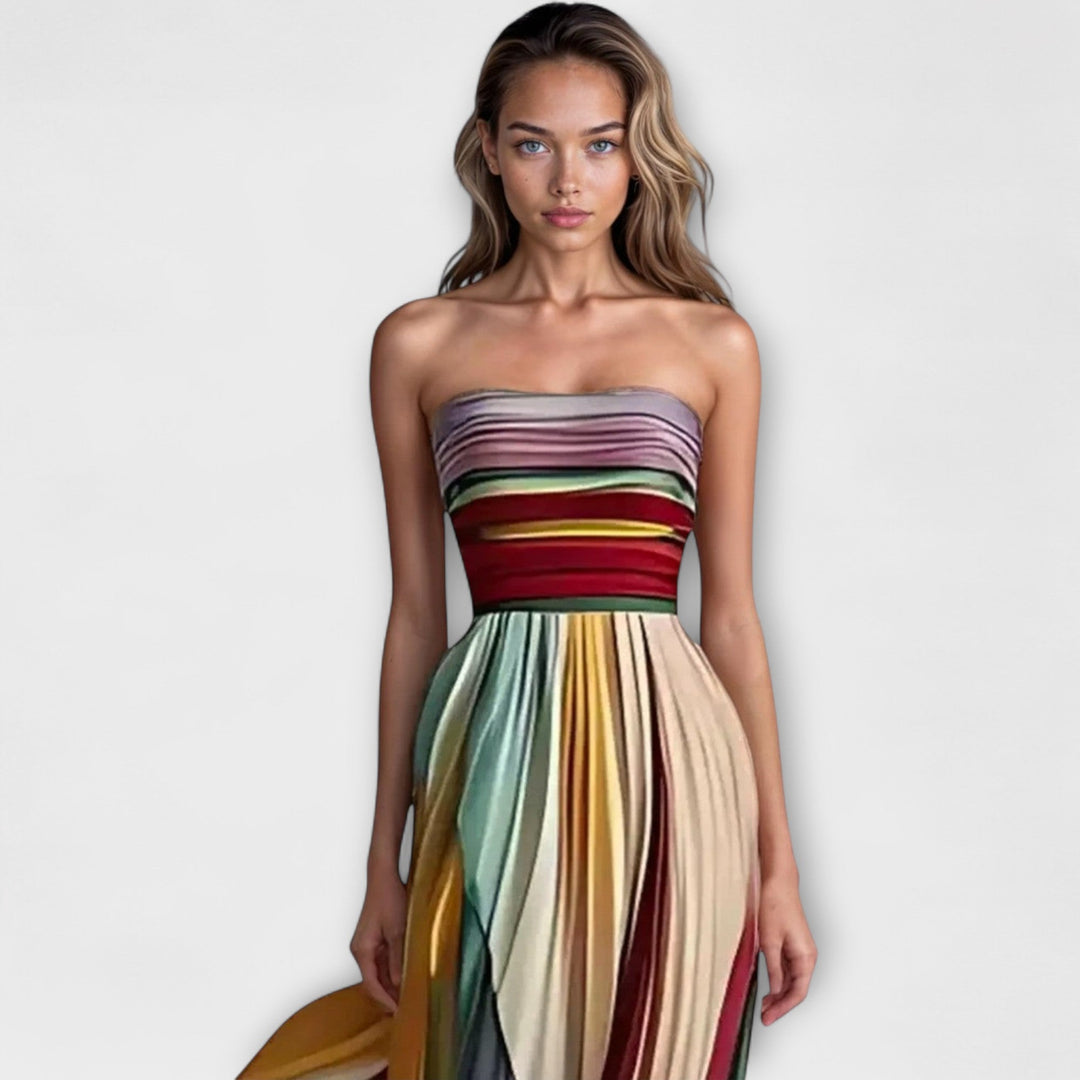 Pleated Rainbow Strapless Dress