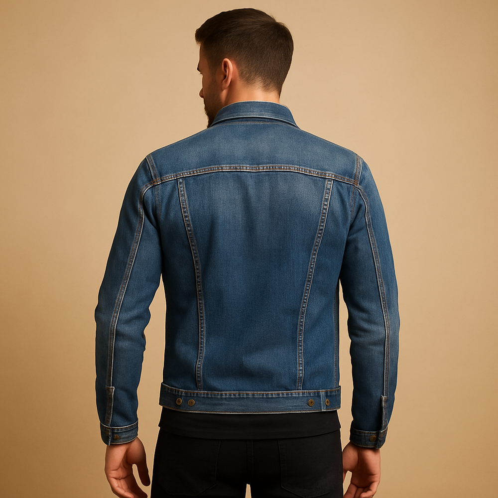 Blå denimjakke til herre med krave, lynlås og brystlommer
