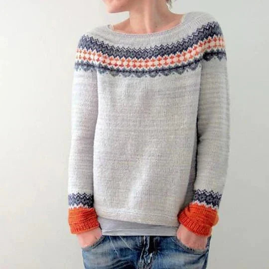 Dame striktrøje med Fair Isle-mønster, rund hals og lange ærmer