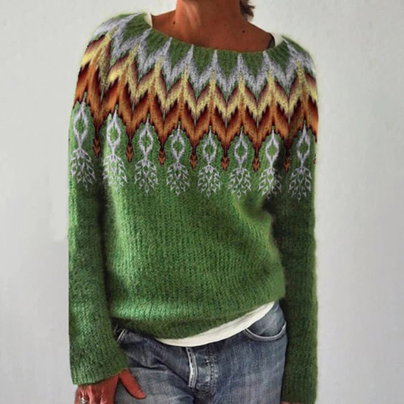 Dame striktrøje med Fair Isle-mønster, rund hals og lange ærmer