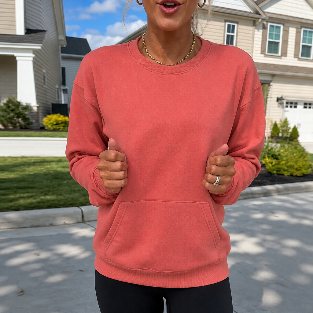 Dame sweatshirt med rund hals og kængurulomme