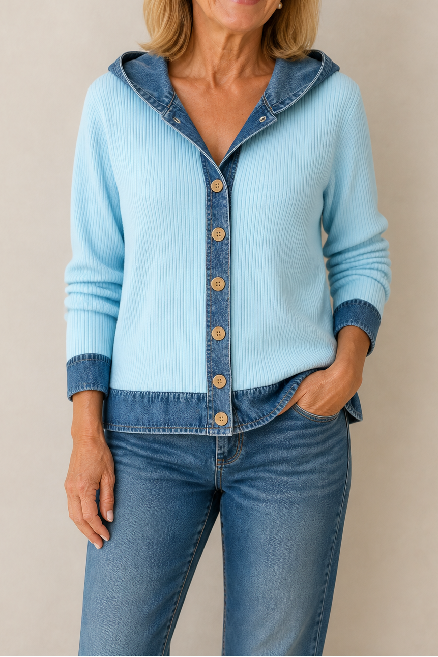 Damecardigan med hætte, ternet mønster, knapper og denimlook-kanter