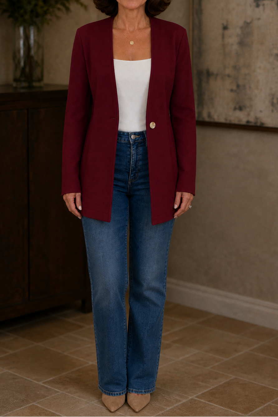 Dameblazer med V-hals, lange ærmer og enkelt knaplukning