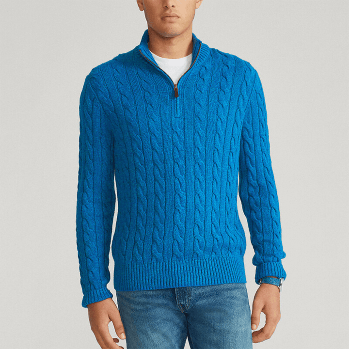 Herresweater med kabelstrik, høj krave og kort lynlås