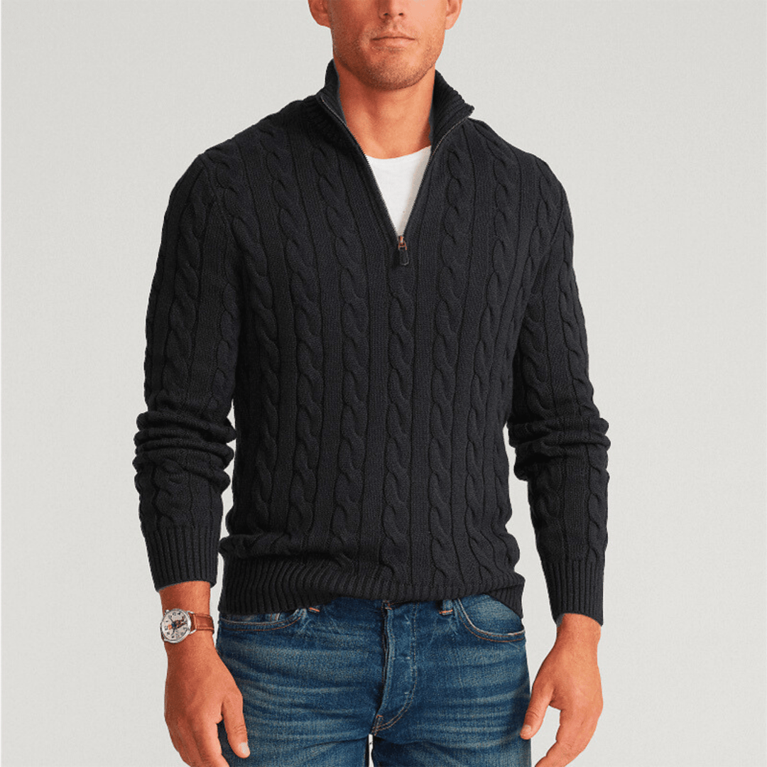 Herresweater med kabelstrik, høj krave og kort lynlås
