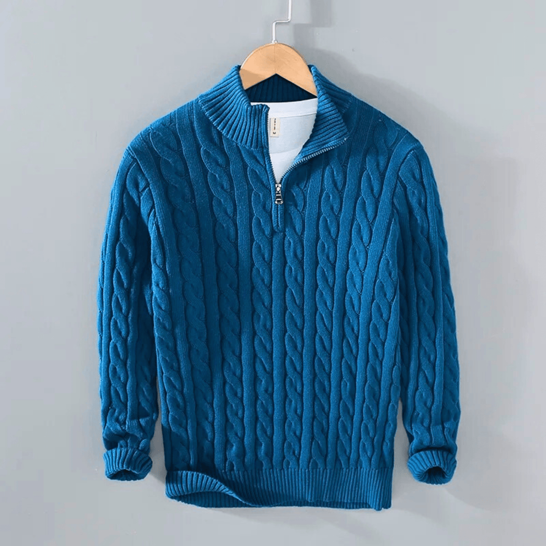 Herresweater med kabelstrik, høj krave og kort lynlås