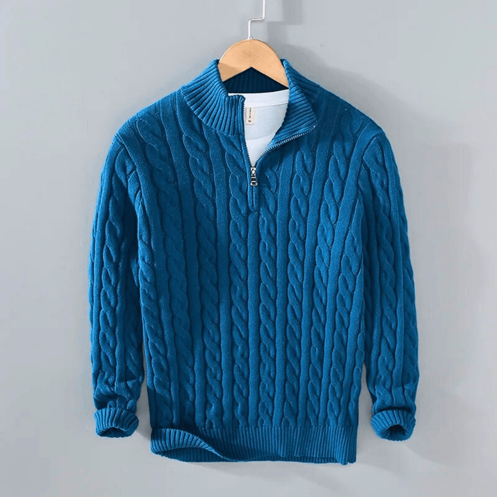 Herresweater med kabelstrik, høj krave og kort lynlås
