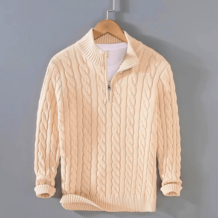 Herresweater med kabelstrik, høj krave og kort lynlås