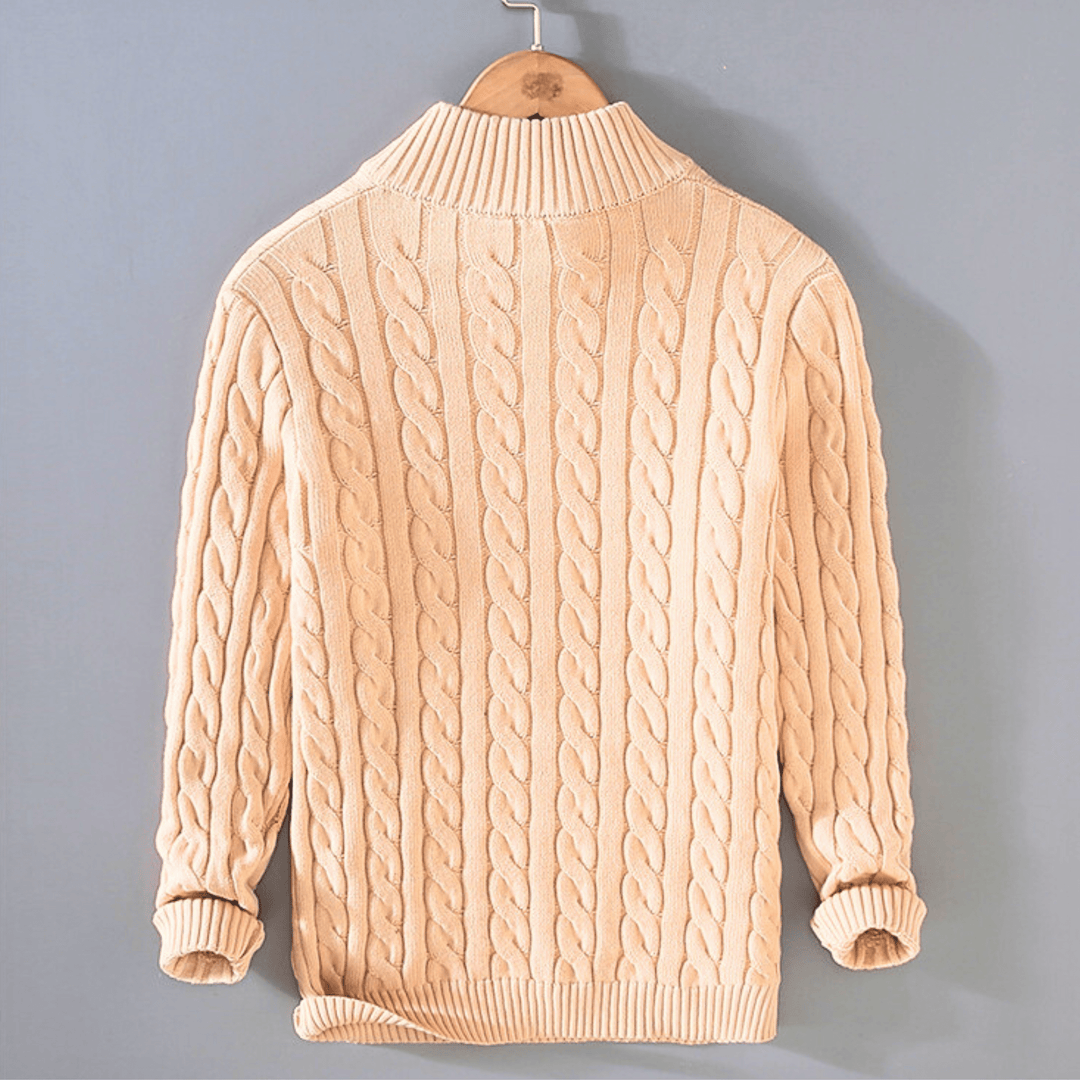 Herresweater med kabelstrik, høj krave og kort lynlås