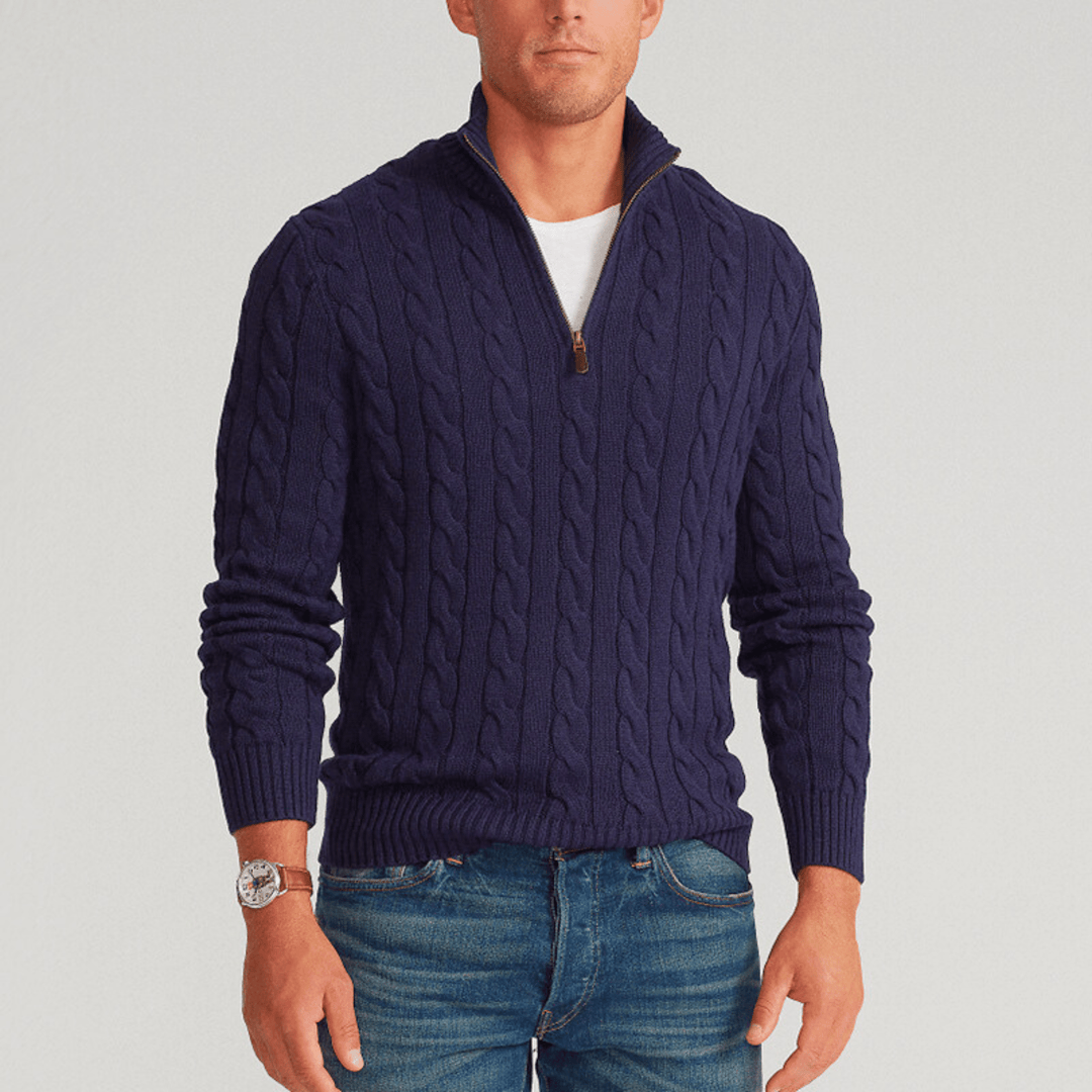 Herresweater med kabelstrik, høj krave og kort lynlås