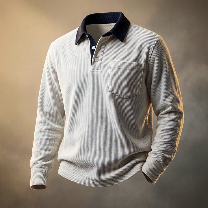 Langærmet herrepoloshirt med ribstruktur, polokrave, knapstolpe og brystlomme