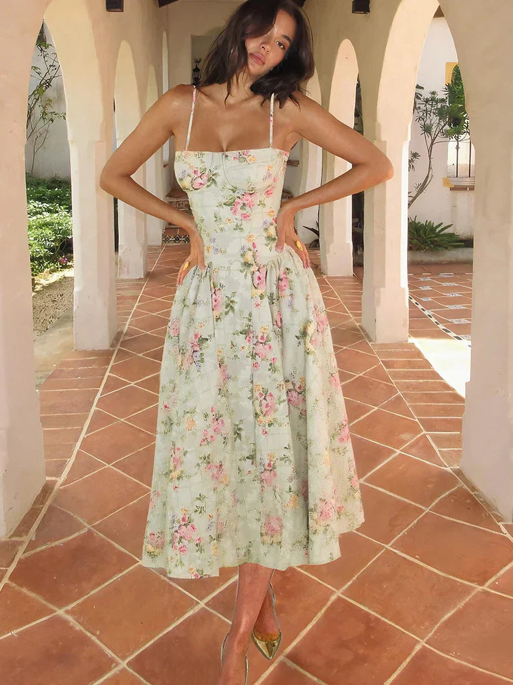 Women's Floral Strap Midi Wedding Guest Dress