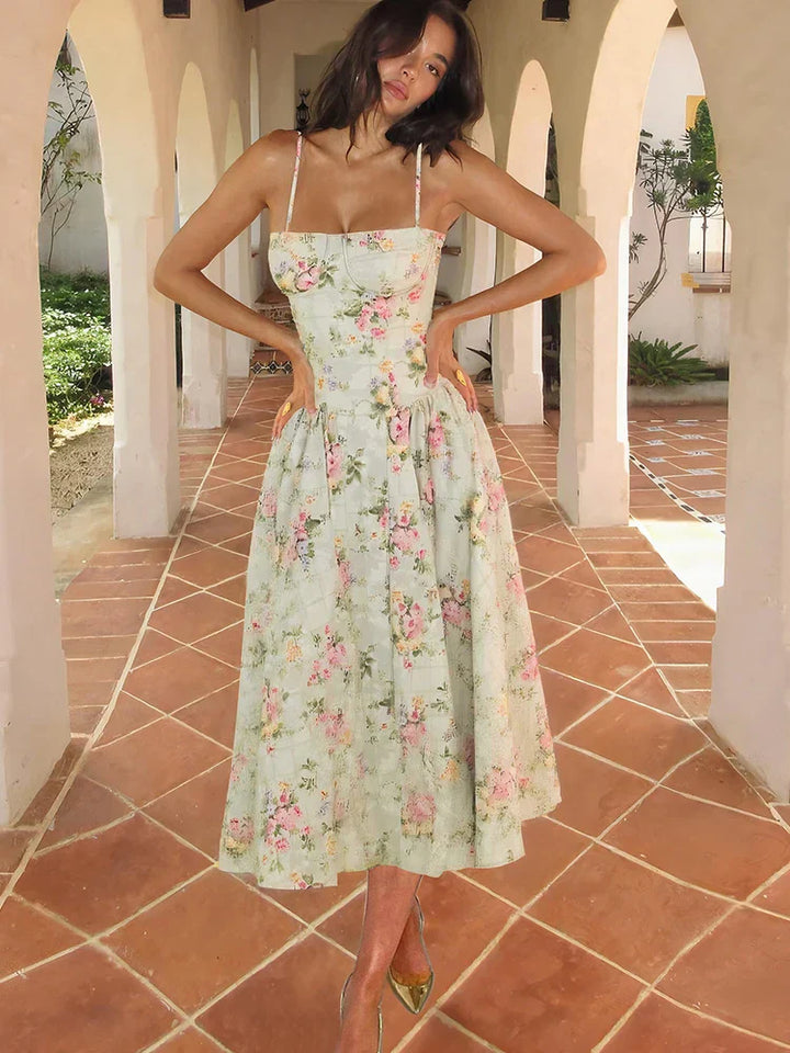 Women's Floral Strap Midi Wedding Guest Dress
