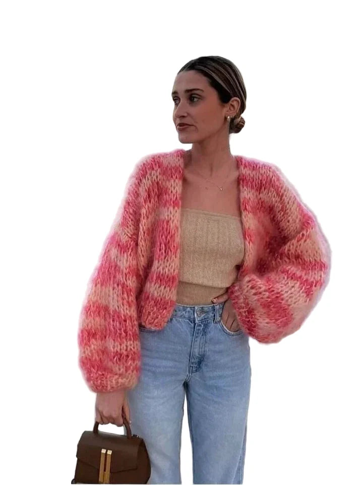 Dame pinkstribet cardigan med åben front og lange ærmer