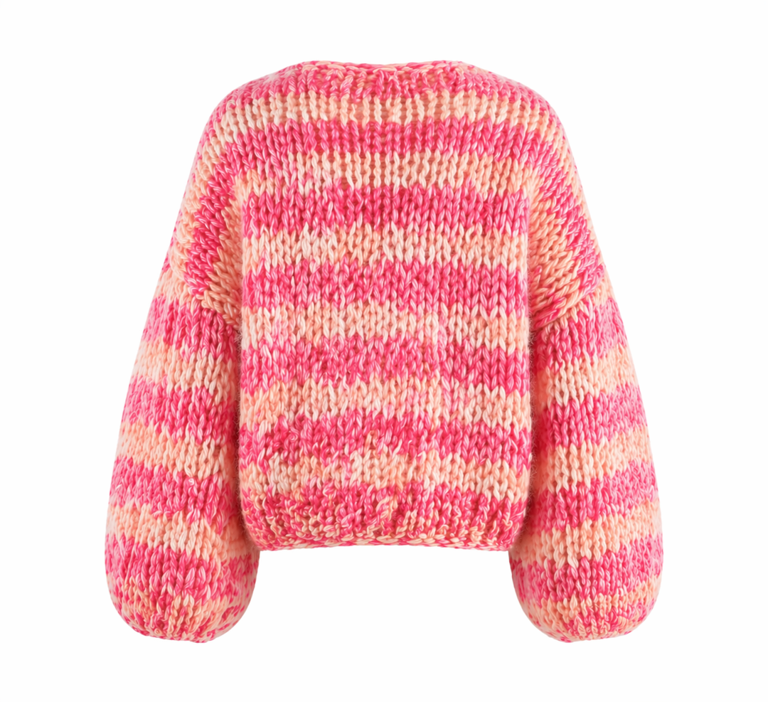 Dame pinkstribet cardigan med åben front og lange ærmer