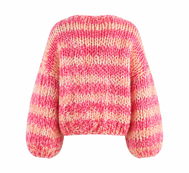 Dame pinkstribet cardigan med åben front og lange ærmer