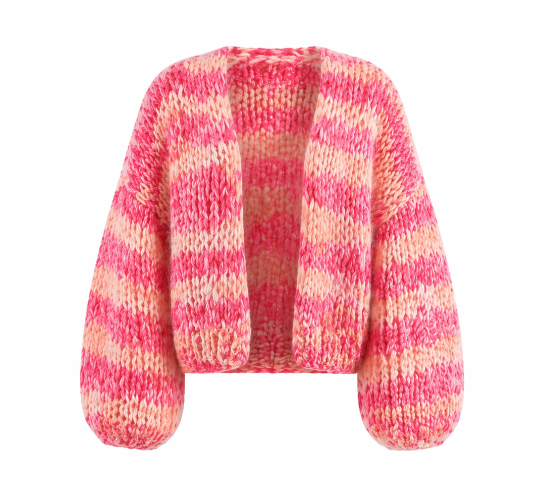 Dame pinkstribet cardigan med åben front og lange ærmer